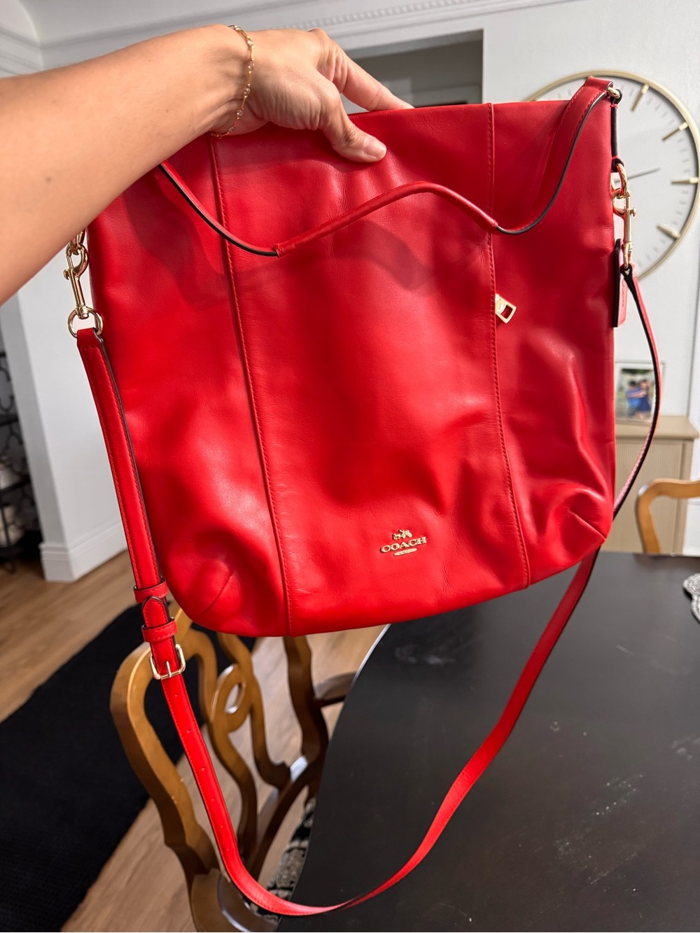 Coach Red Leather Shoulder Tote with Gold-Tone Accents